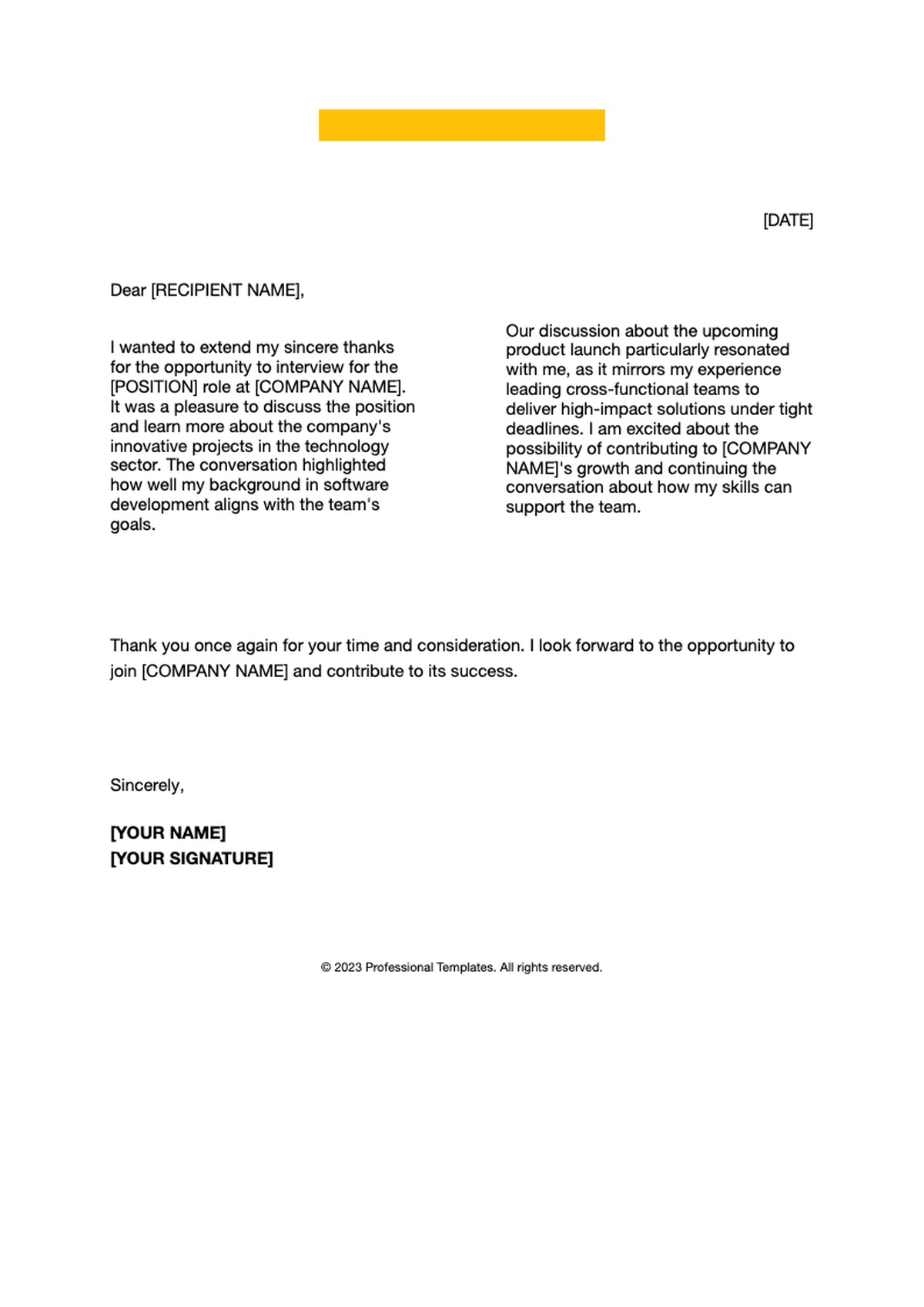 Professional follow up cover letter template with yellow accent header_variant_3